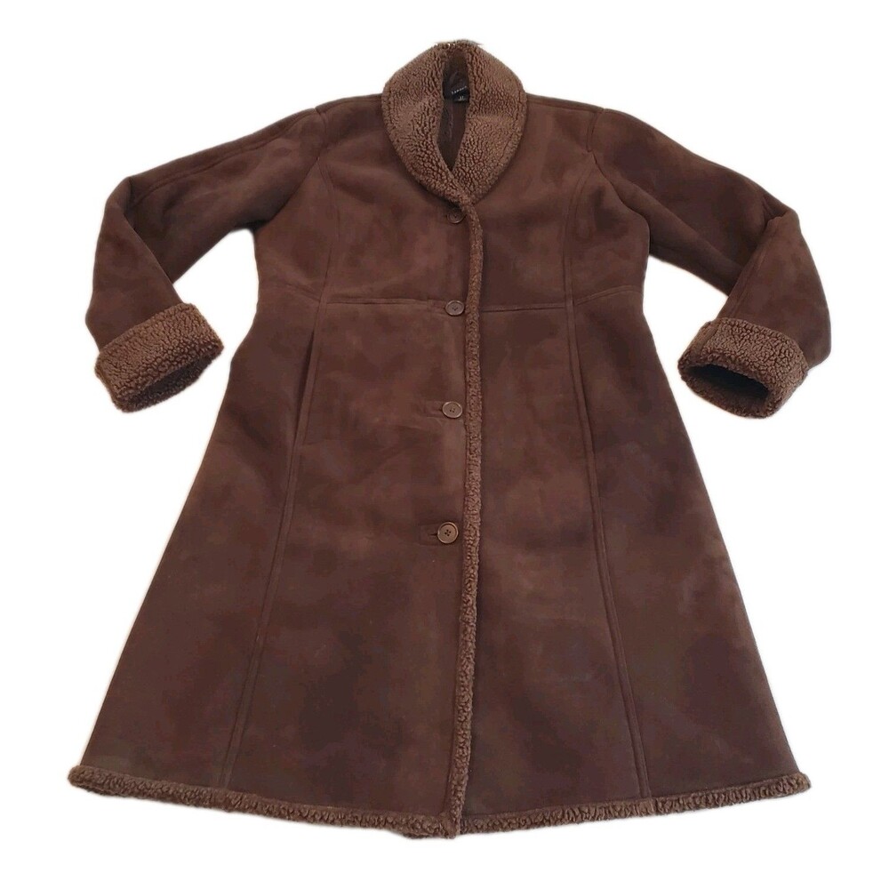 Lands End Womens Sz Small Shearling Knee Length Brown Jacket Faux Suede Western